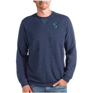 Men's Antigua Heathered Navy Seattle Kraken Reward Crewneck Pullover Sweatshirt