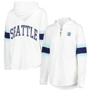 Women's G-III 4Her by Carl Banks White Seattle Kraken Game Plan Lace-Up Long Sleeve Hoodie T-Shirt